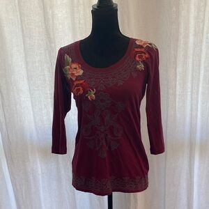 Johnny Was Red Floral Embroidered Blouse